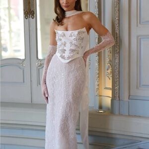 Strapless White Lace Dress with Embellishments